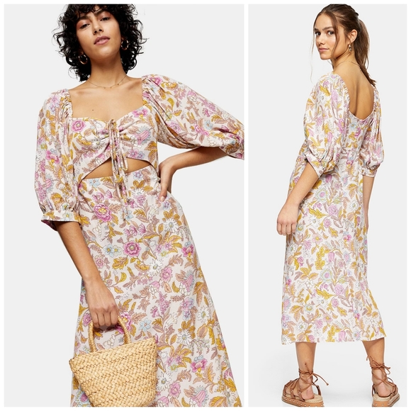 Topshop PETITE Dresses & Skirts - NWT Topshop white floral print cut out midi dress 4P